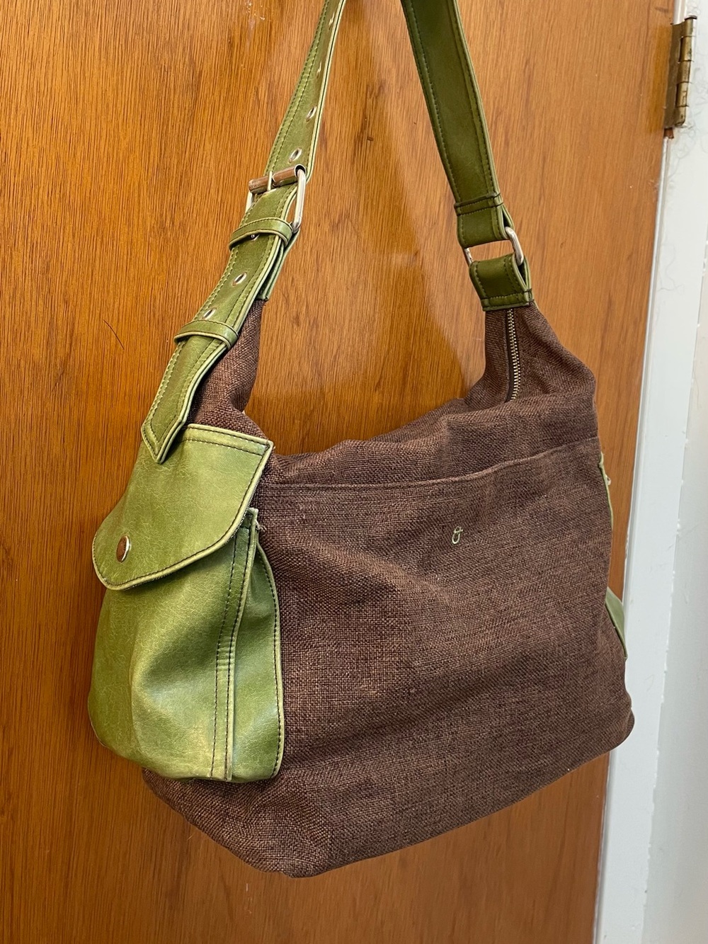 Olive Green and Brown Canvas Shoulder Satchel